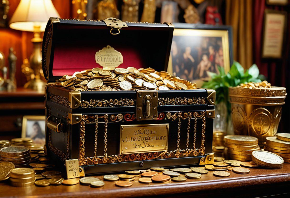 A whimsical treasure chest overflowing with vintage adult entertainment memorabilia, surrounded by glittering gold coins and old estate sale signs. In the background, a blurred image of an elegant estate filled with opulent decor hints at hidden treasures. Light filters through, creating a magical atmosphere of discovery. intricate details, vibrant colors, 3D render.