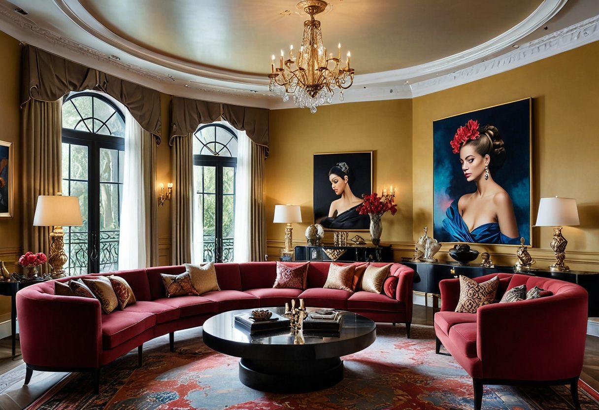 A visually striking collage featuring elegant erotic art pieces displayed in luxurious, upscale real estate settings, showcasing opulent interiors filled with unique sculptures and provocative paintings. Incorporate elements of estate liquidations, such as ornate furnishings and auctioning signs subtly integrated into the background. The overall mood should be classy and enticing, inviting viewers to explore the blend of art and real estate. super-realistic. rich colors. elegant ambiance.